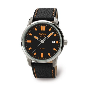 Boccia Black Leather & Case Watch w/Orange Markers - 3573-01